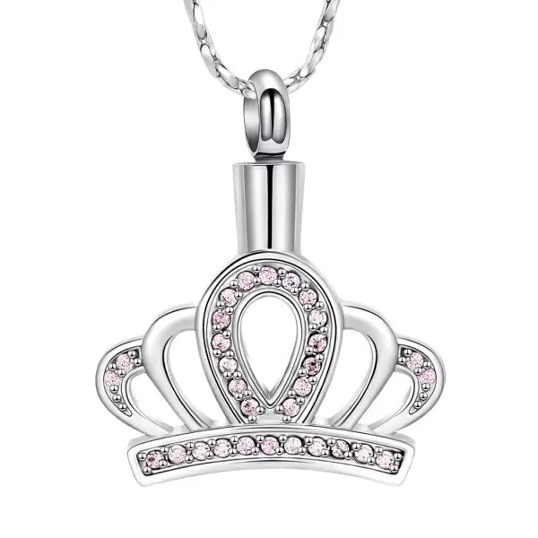 Zilverkleurige RVS ashanger kroon met roze strass – productfoto 1